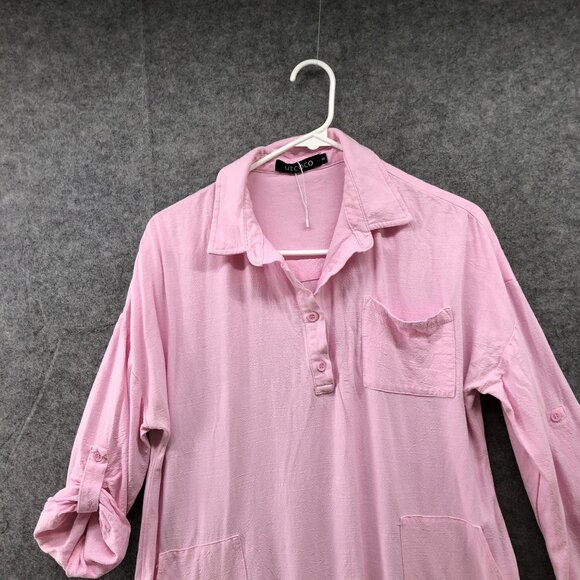 Utcoco Cotton Linen Shirt Dress Womens S Pink Roll Tab Sleeve Midi Relaxed - Picture 3 of 10